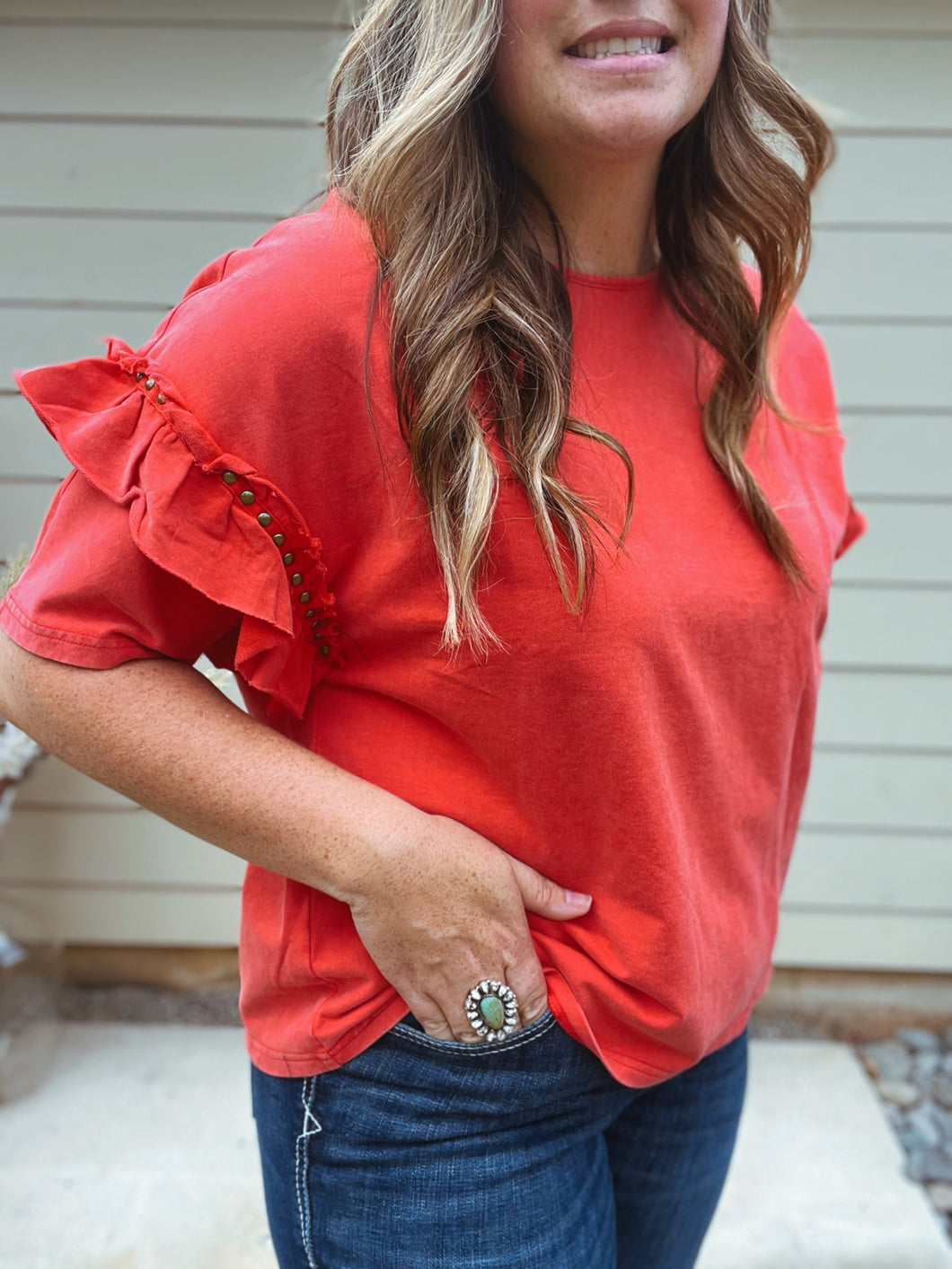 Red Ruffle Sleeve Top